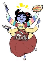 Rule 34 | 1girl, acenth, arms up, arthropod girl, black hair, braid, chopsticks, colored skin, cup, eating, extra arms, extra eyes, grey skin, hanbok, holding, holding chopsticks, holding tray, insect girl, korean clothes, long hair, looking at viewer, muffet, open mouth, sharp teeth, simple background, spider girl, standing, standing on one leg, teacup, teapot, teeth, tray, undertale, white background, white footwear