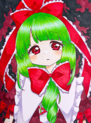 1girl bow front_ponytail green_hair hair_bow highres kagiyama_hina looking_at_viewer marker_(medium) nagichamu red_bow red_eyes red_ribbon ribbon touhou traditional_media upper_body