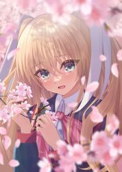 Rule 34 | 1girl, aqua eyes, black jacket, blonde hair, blurry, blush, bow, branch, cherry blossoms, commentary request, crossed bangs, crying, crying with eyes open, dappled sunlight, depth of field, eyelashes, eyes visible through hair, falling petals, flower, hair between eyes, hair ribbon, hands up, highres, holding, holding flower, jacket, little busters!, little busters! school uniform, long hair, long ribbon, long sleeves, open mouth, petals, pink bow, ribbon, sad smile, school uniform, smile, solo, souyoru, streaming tears, sunlight, tears, tokido saya, tsurime, two side up, upper body, very long hair, white ribbon