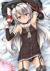 Rule 34 | 10s, 1girl, :o, adapted costume, amatsukaze (kancolle), armpits, arms up, ass, bare shoulders, black hair, black panties, blush, brown dress, brown eyes, buttons, choker, detached sleeves, dress, frilled pillow, frills, garter straps, gloves, gluteal fold, hair between eyes, hair tubes, highres, kantai collection, lifebuoy, long hair, long sleeves, looking at viewer, lying, on back, panties, pillow, red thighhighs, roura, sailor collar, sailor dress, short dress, side-tie panties, silver hair, single glove, sleeveless, sleeveless dress, solo, swim ring, thigh gap, thighhighs, thighs, two side up, underwear, white gloves