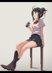 Rule 34 | 10s, 1girl, ahoge, black hair, black skirt, black socks, brown eyes, brown footwear, can, collared shirt, crossed legs, drinking straw, grey background, holding, holding can, kimi no na wa., kneehighs, letterboxed, loafers, looking up, miniskirt, miyamizu mitsuha, on railing, parsley-f, parted lips, pleated skirt, ponytail, railing, shirt, shoes, short hair, short sleeves, sidelocks, simple background, sitting, skirt, socks, solo, string, string of fate, swept bangs, thighs, white shirt