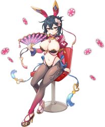 1girl animal_ear_hairband animal_ears artist_request black_hair breasts chair fake_animal_ears floral_print full_body game_cg gradient_legwear groin hairband hand_fan high_heels highres holding holding_fan legend_clover long_sleeves navel official_alternate_costume official_art playing_card_hair_ornament poker_chip rabbit_ear_hairband rabbit_ears red_eyes revealing_clothes sitting third-party_source transparent_background zuo_ci_(legend_clover)