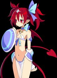 Rule 34 | 1girl, bikini, black background, blush, collar, cowboy shot, demon girl, demon tail, demon wings, disgaea, disgaea rpg, earrings, etna (disgaea), headpiece, highres, holding, holding shield, jewelry, long hair, navel, official art, pelvic curtain, photoshop (medium), pointy ears, red eyes, red hair, red tail, red wings, see-through, shield, simple background, solo, standing, swimsuit, tail, tears, twintails, wings
