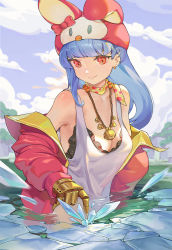 Rule 34 | 1girl, blue hair, breasts, gloves, hat, ice, jewelry, kula diamond, long hair, looking at viewer, medium breasts, necklace, purple eyes, scarf, shop p, smile, solo, tank top, the king of fighters, water