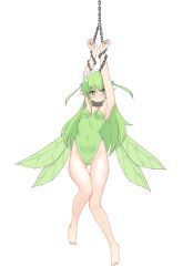 Rule 34 | 1girl, absurdres, arms up, bare arms, bare legs, bare shoulders, barefoot, black souls, breasts, chain, cleavage, closed mouth, fairy, fairy wings, female focus, gluteal fold, green eyes, green hair, green leotard, green wings, heart, heart-shaped pupils, highres, leaf (black souls), leotard, long hair, pointy ears, ribbonsnek, simple background, small breasts, smile, solo, straight hair, symbol-shaped pupils, very long hair, white background, wings