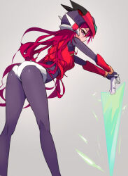 Rule 34 | 1girl, ass, bent over, black bodysuit, bodysuit, closed mouth, cosplay, energy sword, from behind, getto, helmet, hololive, hololive english, irys (hololive), long hair, long sword, looking at viewer, looking back, mega man (series), mega man zero (series), purple eyes, red hair, saber (weapon), solo, standing, sword, virtual youtuber, weapon, zero(z) (mega man), zero (mega man), zero (mega man) (cosplay)
