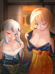 Rule 34 | 2girls, absurdres, blonde hair, blue eyes, blue hair, blush, breasts, cleavage, collarbone, fins, fish tail, gawr gura, gawr gura (new year), grey hair, hair ornament, highres, hololive, hololive english, japanese clothes, kimono, large breasts, mole, mole on breast, multicolored hair, multiple girls, no bra, obi, one eye closed, open clothes, sash, shark tail, sharp teeth, sliding doors, small breasts, streaked hair, tail, teeth, trashris, virtual youtuber, watson amelia, watson amelia (new year), yukata