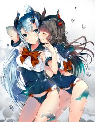 Rule 34 | 2girls, :3, black hair, blue eyes, blue hair, bow, duji amo, closed eyes, frilled swimsuit, frills, highres, horns, long hair, looking at another, looking back, multiple girls, nontraditional school swimsuit, original, red bow, school swimsuit, school swimsuit flap, school uniform, serafuku, standing, swimsuit, swimsuit under clothes, usagihime, water, water drop, yuri