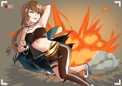 Rule 34 | 2girls, ;d, absurdres, arknights, arm up, armpits, astrograph21, asymmetrical clothes, bandeau, bare arms, bare shoulders, belt, black gloves, black pants, breasts, brown eyes, brown hair, commentary, explosion, fingerless gloves, firewhistle (arknights), gloves, grey background, hair ornament, hairclip, highres, leggings, long hair, looking at viewer, medium breasts, midriff, multiple girls, navel, one eye closed, open mouth, pants, shaw (arknights), shoes, single pantsleg, smile, stomach, strapless, tube top, v, very long hair, white footwear, yellow belt