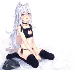 Rule 34 | 10s, 1girl, animal ears, bell, black bra, black panties, black thighhighs, blue eyes, blue hair, bra, cat cutout, cat ears, cat lingerie, choker, chonbo (artist), cleavage cutout, clothing cutout, full body, hibiki (kancolle), highres, jingle bell, kantai collection, long hair, meme attire, navel, neck bell, no tail, open mouth, panties, side-tie panties, sitting, solo, thighhighs, underwear, underwear only