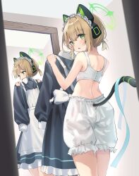 Rule 34 | 1girl, absurdres, animal ear headphones, animal ears, blonde hair, bloomers, blue archive, blush, bra, breasts, cat tail, fake animal ears, green eyes, green halo, halo, headphones, highres, holding, holding clothes, maid, maid headdress, midori (blue archive), midori (maid) (blue archive), mirror, multiple views, nanahoshi teru, official alternate costume, open mouth, short hair, small breasts, tail, underwear, white bloomers, white bra