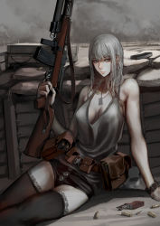 Rule 34 | 1girl, assault rifle, bare shoulders, battle rifle, belt, black thighhighs, breasts, bullet, can, cigarette, cigarette pack, cleavage, dog tags, earrings, fedorov avtomat, grey eyes, grey hair, gun, highres, holding, holding gun, holding weapon, jewelry, jittsu, long hair, looking at viewer, magazine (weapon), military, original, pouch, rifle, shorts, sitting, solo, tank top, thighhighs, trench, weapon
