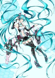 1girl, :d, absurdly long hair, adapted costume, aqua eyes, aqua hair, aqua neckwear, armored boots, bangs, bare shoulders, black footwear, black skirt, blue background, boots, breasts, bridal gauntlets, cleavage, clothing cutout, collared shirt, commentary, eyebrows visible through hair, floating, floating hair, full body, hair between eyes, hair ornament, hand up, hatsune miku, hatsune miku (append), headset, highres, hip gear, honeycomb (pattern), honeycomb background, knees together feet apart, long hair, looking at viewer, mecha musume, medium breasts, navel, navel cutout, necktie, open mouth, pigeon-toed, pleated skirt, rigging, shirt, sidelocks, signature, skirt, sleeveless, sleeveless shirt, smile, solo, thigh boots, thighhighs, tsubakiworks, twintails, very long hair, vocaloid, vocaloid append, white shirt, zettai ryouiki