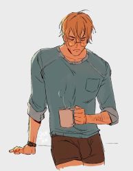 Rule 34 | 1boy, black male underwear, blue shirt, boxer briefs, closed eyes, coffee mug, collarbone, commentary, cowboy shot, cup, english commentary, highres, holding, holding cup, jujutsu kaisen, leaning, leaning back, long sleeves, male focus, male underwear, mug, nanami kento, shirt, sleeves rolled up, solo, spidertams, standing, steam, underwear, watch