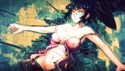 Rule 34 | 1girl, bare shoulders, black hair, breasts, glasses, hair ornament, large breasts, navel, no bra, off shoulder, original, softmode, solo, strap slip, yellow eyes