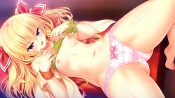 Rule 34 | 1girl, barefoot, blush, bow, bow panties, bra, breasts, cameltoe, clothes lift, collarbone, couch, eurasia of end, eyelashes, feet, fingernails, game cg, gluteal fold, green shirt, groin, hair between eyes, hair bow, hair ornament, half-closed eyes, hands on own chest, hands up, highres, indoors, jacket, knee up, long fingernails, long hair, long toenails, lying, nail polish, navel, nipples, non-web source, nora to oujo to noraneko heart 2, on back, on couch, oozora itsuki, open clothes, open jacket, open mouth, panties, pink bow, pink nails, pink panties, purple eyes, red bow, shiny skin, shirt, shirt lift, short sleeves, small breasts, solo, stomach, sweat, thighs, tiptoes, toenail polish, toenails, toes, twintails, underwear, wallpaper, wristband