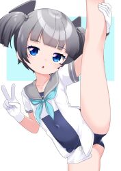 Rule 34 | 1girl, aqua neckerchief, blue eyes, blue one-piece swimsuit, blunt bangs, covered navel, gloves, grey hair, grey neckerchief, headgear, i-36 (kancolle), kantai collection, leg lift, leg up, looking at viewer, nassukun, neckerchief, one-piece swimsuit, parted lips, short sleeves, short twintails, simple background, solo, split, standing, standing on one leg, standing split, swimsuit, twintails, two-tone background, v, white gloves