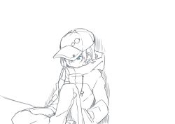 Rule 34 | 1girl, baseball cap, blue eyes, closed mouth, commentary request, hand in pocket, hat, highres, hood, hood down, hooded jacket, jacket, kashikaze, knee up, love live!, love live! sunshine!!, monochrome, sitting, solo, spot color, watanabe you