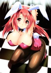 Rule 34 | 1girl, absurdres, animal ears, armpits, arms up, black pantyhose, breasts, checkered floor, cleavage, detached collar, fake animal ears, floor, highres, large breasts, leotard, pantyhose, pink hair, playboy bunny, rabbit ears, rabbit tail, red eyes, shinozuka atsuto, solo, squatting, tail, wrist cuffs