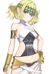 Rule 34 | 1girl, armlet, armor, bare shoulders, blonde hair, blue eyes, bracer, breasts, collar, covered navel, diadem, elfenlied22, fate/grand order, fate (series), faulds, halterneck, highres, looking at viewer, medium breasts, medium hair, metal collar, pauldrons, pollux (fate), shoulder armor, simple background, thighs, white background
