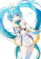 Rule 34 | 1girl, aqua eyes, aqua hair, artist name, bare shoulders, blush, detached collar, dress, elbow gloves, gloves, goodsmile company, goodsmile racing, hatsune miku, headphones, headset, long hair, looking at viewer, necktie, open mouth, race queen, racing miku, racing miku (2015), simple background, smile, solo, strapless, strapless dress, sukja, thighhighs, twintails, very long hair, vocaloid, white background, white dress, white gloves, white thighhighs
