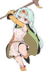 Rule 34 | 1girl, arm up, bare shoulders, belt, black footwear, cape, circlet, ddari, dragon quest, dragon quest iii, elbow gloves, gloves, green cape, green hair, hair between eyes, highres, holding, holding staff, light green hair, long hair, orange gloves, red eyes, sage (dq3), simple background, solo, staff, white background