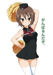 Rule 34 | 10s, 1girl, armpits, blush, breasts, brown hair, cheerleader, girls und panzer, looking at viewer, nishizumi maho, ouhashi, pom pom (cheerleading), short hair, simple background, solo, thighhighs, white background, white thighhighs