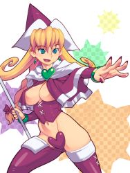 Rule 34 | 1girl, bad id, bad pixiv id, blonde hair, boots, breasts, cleavage, green eyes, groin, hat, heart, heart c-string, heart maebari, highres, large breasts, long hair, maebari, metata, nail polish, no bra, open mouth, outstretched arm, revealing clothes, sandra (sandra witch), sandra witch, sandra witch (character), solo, thigh boots, thighhighs