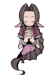Rule 34 | 1girl, aerith gainsborough, aono yuu, bangle, bracelet, braid, braided ponytail, brown hair, buttons, choker, closed eyes, closed mouth, cropped jacket, curly hair, dress, final fantasy, final fantasy vii, hair ribbon, interlocked fingers, jacket, jewelry, long hair, own hands clasped, own hands together, parted bangs, pink dress, pink ribbon, praying, red jacket, ribbon, ribbon choker, short sleeves, sidelocks, single braid, smile, solo, upper body, white background