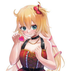 Rule 34 | 1girl, akai haato, akai haato (gothic lolita), aqua eyes, blonde hair, blush, breasts, cleavage, clenched hand, collar, collarbone, commentary, eyelashes, grenouilll, hair ornament, hair ribbon, heart, heart hair ornament, heart in eye, highres, hololive, jewelry, locket, long hair, looking at viewer, nail polish, pendant, red nails, ribbon, simple background, smile, solo, symbol in eye, upper body, virtual youtuber, white background