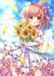 Rule 34 | 1girl, :d, bare legs, bare shoulders, blue sky, blurry, blurry background, blush, bouquet, bow, breasts, brown hair, cloud, commission, depth of field, dress, flower, frilled dress, frills, hair bow, hair rings, highres, kouta., looking at viewer, hugging object, open mouth, original, petals, pink scrunchie, scrunchie, skeb commission, sky, sleeveless, sleeveless dress, small breasts, smile, solo, sunflower, white bow, wrist scrunchie, yellow eyes, yellow flower