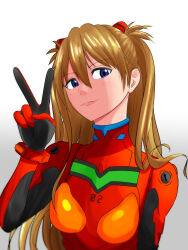 Rule 34 | 1girl, absurdres, artist request, blue eyes, bodysuit, breasts, brown hair, cowboy shot, hair between eyes, highres, lips, long hair, looking at viewer, neon genesis evangelion, plugsuit, red bodysuit, shiny clothes, simple background, smile, solo, souryuu asuka langley, turtleneck, two side up, v