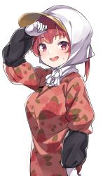 Rule 34 | 1girl, alternate costume, bandana, blush, breasts, floral print, gloves, hat, highres, hololive, houshou marine, japanese clothes, konnyaku (kk-monmon), long sleeves, looking at viewer, medium breasts, open mouth, red eyes, red hair, shading eyes, simple background, smile, solo, sweat, virtual youtuber, white background, white gloves