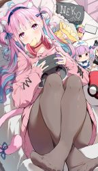 Rule 34 | 1girl, ahoge, animal ears, black pantyhose, blue hair, blue hairband, blue nails, blue ribbon, blush, cat ears, cat girl, cat tail, character doll, chips (food), choker, colored inner hair, commentary, darjeeling (reley), extra ears, food, food in mouth, hair ribbon, hairband, handheld game console, headphones, headphones around neck, highres, holding, holding handheld game console, hololive, hood, hood down, hoodie, legs up, long hair, long sleeves, looking at viewer, lying, minato aqua, mouth hold, multicolored hair, murasaki shion, nail polish, no shoes, on back, on bed, pantyhose, pillow, pink hair, pink hoodie, poke ball, potato chips, purple eyes, red choker, ribbon, solo, symbol-only commentary, tail, virtual youtuber