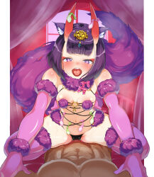 Rule 34 | 1boy, 1girl, animal ears, bare shoulders, black panties, bob cut, bow, breasts, censored, clothed female nude male, clothed sex, collarbone, condom, cosplay, cowgirl position, elbow gloves, eyeliner, fate/grand order, fate (series), fur-trimmed gloves, fur-trimmed legwear, fur collar, fur trim, girl on top, gloves, headpiece, hetero, highres, horns, leaning forward, looking at viewer, makeup, mash kyrielight, mash kyrielight (dangerous beast), mash kyrielight (dangerous beast) (cosplay), mosaic censoring, navel, nude, o-ring, oni, open mouth, panties, penis, purple eyes, purple gloves, purple hair, purple thighhighs, pussy, revealing clothes, sex, short hair, shuten douji (fate), skin-covered horns, small breasts, straddling, suzu46suzu73, tail, thighhighs, underwear, used condom, vaginal, wolf ears, wolf tail