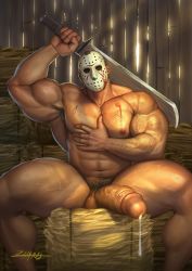 Rule 34 | 1boy, abs, armpit hair, armpits, artist name, bara, commentary, english commentary, erection, friday the 13th, hand on own chest, highres, hockey mask, holding, holding weapon, jason voorhees, large pectorals, machete, male focus, male pubic hair, mask, muscular, muscular male, navel, nipple press, nipple stimulation, nipples, pectorals, penis, precum, pubic hair, sitting, solo, testicles, thick thighs, thighs, weapon, zharts1990