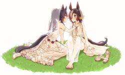 Rule 34 | 2girls, animal ears, arm support, bare shoulders, barefoot, black hair, breasts, brown eyes, brown hair, commentary request, detached sleeves, dress, ear ornament, eye contact, grey hair, hair over one eye, high heels, horse ears, horse girl, horse tail, knees up, long hair, long sleeves, looking at another, medium breasts, multicolored hair, multiple girls, nanashi (774umauma), narita brian (umamusume), on grass, profile, see-through, shoes, unworn shoes, simple background, sitting, streaked hair, tail, umamusume, veil, vodka (heart ignition!!) (umamusume), vodka (umamusume), wedding dress, white background, white dress, white footwear, white sleeves