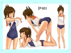 Rule 34 | 10s, 1girl, :d, :o, ass, bad id, bad twitter id, bare shoulders, barefoot, blue one-piece swimsuit, blush, breasts, brown eyes, brown hair, closed mouth, clothes lift, covered navel, groin, hands on own knees, head tilt, i-401 (kancolle), kantai collection, kneepits, leaning forward, legs up, looking at viewer, lying, multiple views, on stomach, one-piece swimsuit, open mouth, own hands together, ponytail, shirt, shirt lift, short hair, simple background, skin tight, sleeveless, sleeveless shirt, small breasts, smile, swimsuit, talking, tan, tanline, tareme, the pose, thighs, undressing, wa (genryusui), white background, white shirt