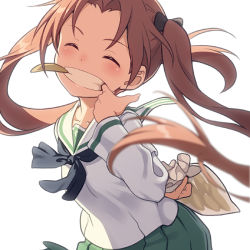 Rule 34 | 10s, 1girl, arm behind back, bad id, bad pixiv id, bag, blouse, blush, brown hair, closed eyes, eating, finger in own mouth, food, food in mouth, girls und panzer, green skirt, grin, hair ribbon, holding, kadotani anzu, leaning forward, long hair, long sleeves, mouth pull, neckerchief, ooarai school uniform, pairan, parted bangs, pleated skirt, potato, ribbon, school uniform, serafuku, shirt, skirt, smile, solo, sweet potato, twintails, upper body, white background, white shirt