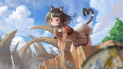 Rule 34 | 1girl, animal ears, arm support, bell, black hair, black skirt, blue sky, blurry, blurry foreground, blush, brown dress, cat ears, cat girl, cat tail, closed mouth, cloud, cloudy sky, commentary request, day, depth of field, dress, facial mark, hair ornament, hairclip, heart, heart tail, highres, jingle bell, leaning forward, looking at viewer, original, outdoors, red eyes, ribbon, saraki, short sleeves, signature, skirt, sky, solo, tail, tail ornament, tail ribbon