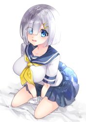 Rule 34 | 1girl, arms between legs, bad id, bad pixiv id, blue eyes, blue skirt, blush, breasts, gloves, hair ornament, hair over one eye, hairclip, hamakaze (kancolle), highres, kantai collection, large breasts, looking at viewer, neckerchief, open mouth, pleated skirt, school uniform, seiza, serafuku, short hair, short sleeves, silver hair, simple background, sitting, skirt, solo, viwop, white background, white gloves, yellow neckerchief