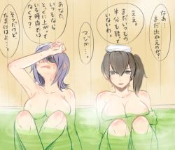 Rule 34 | 10s, brown hair, kaga (kancolle), kantai collection, multiple girls, partially submerged, ruuto (ruto3), short hair, side ponytail, tenryuu (kancolle), translation request