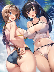 Rule 34 | 2girls, :d, absurdres, akizuki (kancolle), alternate breast size, ass, bare shoulders, blue eyes, blush, braid, breasts, brown hair, cameltoe, cleft of venus, clothes writing, collarbone, covered erect nipples, g-string, hair ornament, hairband, headband, highres, kantai collection, large breasts, light brown hair, long hair, looking at viewer, medium breasts, multiple girls, navel, open mouth, outdoors, ponytail, propeller hair ornament, sky, smile, swimsuit, teruzuki (kancolle), thigh gap, thighs, thong, torisan, tree, twin braids, wet, whale tail (clothing)