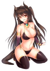 Rule 34 | 1girl, beatrice (soccer spirits), bikini, black bikini, black hair, black thighhighs, bracelet, breasts, bridal gauntlets, cleavage, collarbone, fang, groin, highres, horns, jewelry, kneeling, large breasts, long hair, looking at viewer, moing, navel, red eyes, side-tie bikini bottom, simple background, soccer spirits, solo, swimsuit, tail, thighhighs, two side up, white background