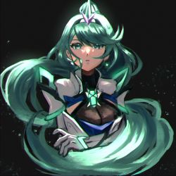 Rule 34 | 1girl, absurdres, armor, black background, breasts, chest jewel, circlet, cleavage, earrings, gauntlets, glowing, green eyes, green hair, highres, jewelry, kyosuke1413koba, long hair, looking at viewer, open mouth, pneuma (xenoblade), ponytail, solo, swept bangs, upper body, xenoblade chronicles (series), xenoblade chronicles 2