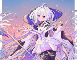 Rule 34 | 1girl, absurdres, ahoge, black gloves, black pants, breasts, fate/grand order, fate/prototype, fate (series), fingerless gloves, gloves, highres, holding, holding staff, huge filesize, laon, long hair, long sleeves, looking at viewer, medium breasts, merlin (fate/prototype), merlin (fate/prototype) (third ascension), pants, purple eyes, robe, smile, staff, thighs, very long hair, white hair, white robe, wide sleeves