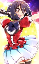 Rule 34 | 1girl, :d, black hair, blue bow, blue bowtie, bow, bowtie, commentary request, hair between eyes, hair ornament, highres, holding, holding microphone, idol, kobamiso (kobalt), microphone, mizuno ai, open mouth, outstretched arm, red eyes, short hair, short sleeves, smile, solo, zombie land saga