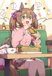 Rule 34 | +++, 1girl, absurdres, animal ears, blush, bow, brown eyes, brown hair, feet out of frame, fingernails, food, food on face, grey skirt, hair between eyes, hair bow, highres, holding, holding food, horse ears, horse girl, horse tail, long hair, long sleeves, open mouth, pink bow, pink shirt, pleated skirt, purple bow, sha (siasha0104), shirt, sitting, skirt, smart falcon (umamusume), smile, solo, tail, thighhighs, two side up, umamusume, white thighhighs, yellow bow