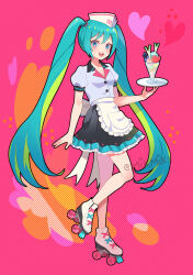 Rule 34 | 1girl, alternate costume, aqua hair, full body, hatsune miku, heart, highres, holding, holding tray, inline skates, long hair, looking at viewer, maid, mikmix, ribbon, roller skates, shirt, skates, skirt, smoothie, spring onion, tray, twintails, very long hair, vocaloid