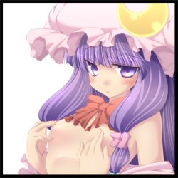 Rule 34 | 1girl, breasts, covering privates, covering nipples, crescent, crescent moon, female focus, flat chest, hat, iganseijin, long hair, moon, off shoulder, open clothes, patchouli knowledge, purple eyes, purple hair, solo, touhou